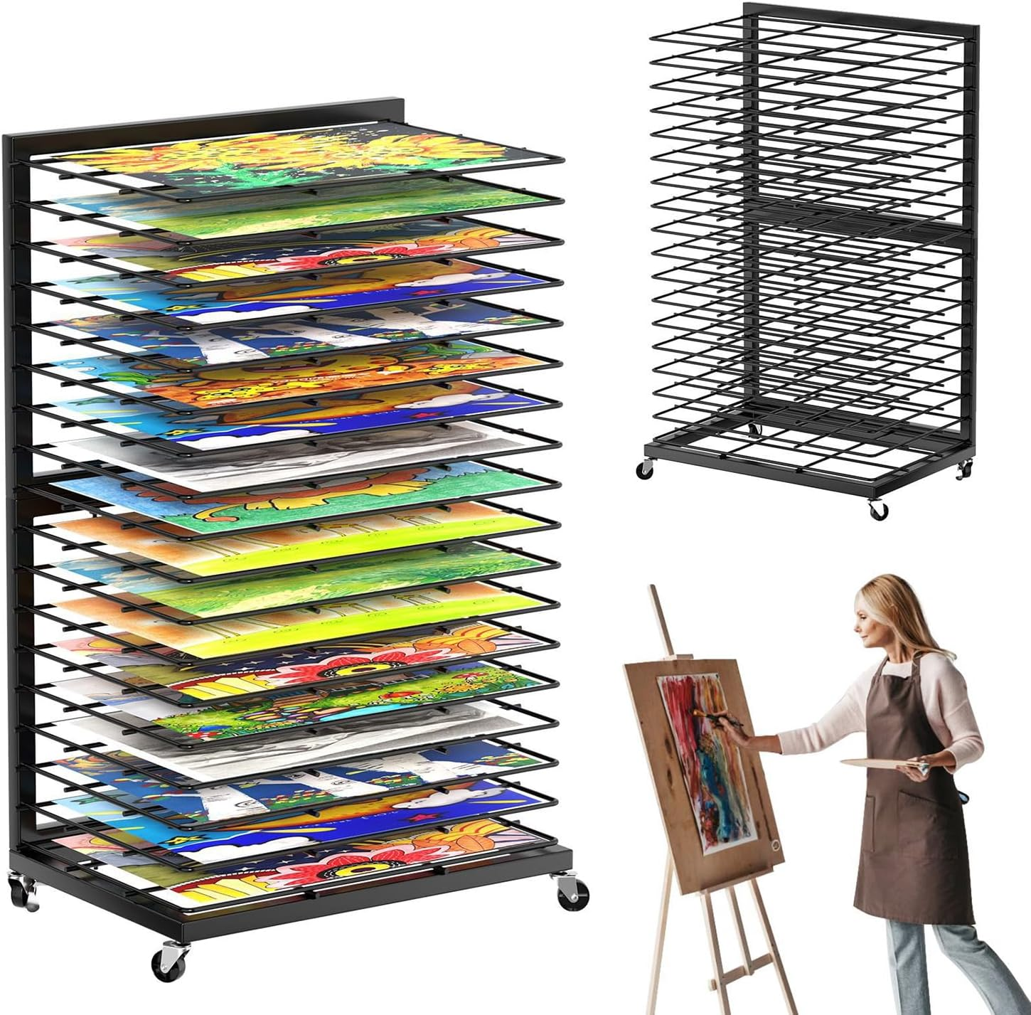 HOOMFIT Portable Art Storage Rack,Painting Drying Rack, 18 Removable Shelves Art Drying Rack with Lockable Wheels image number 6