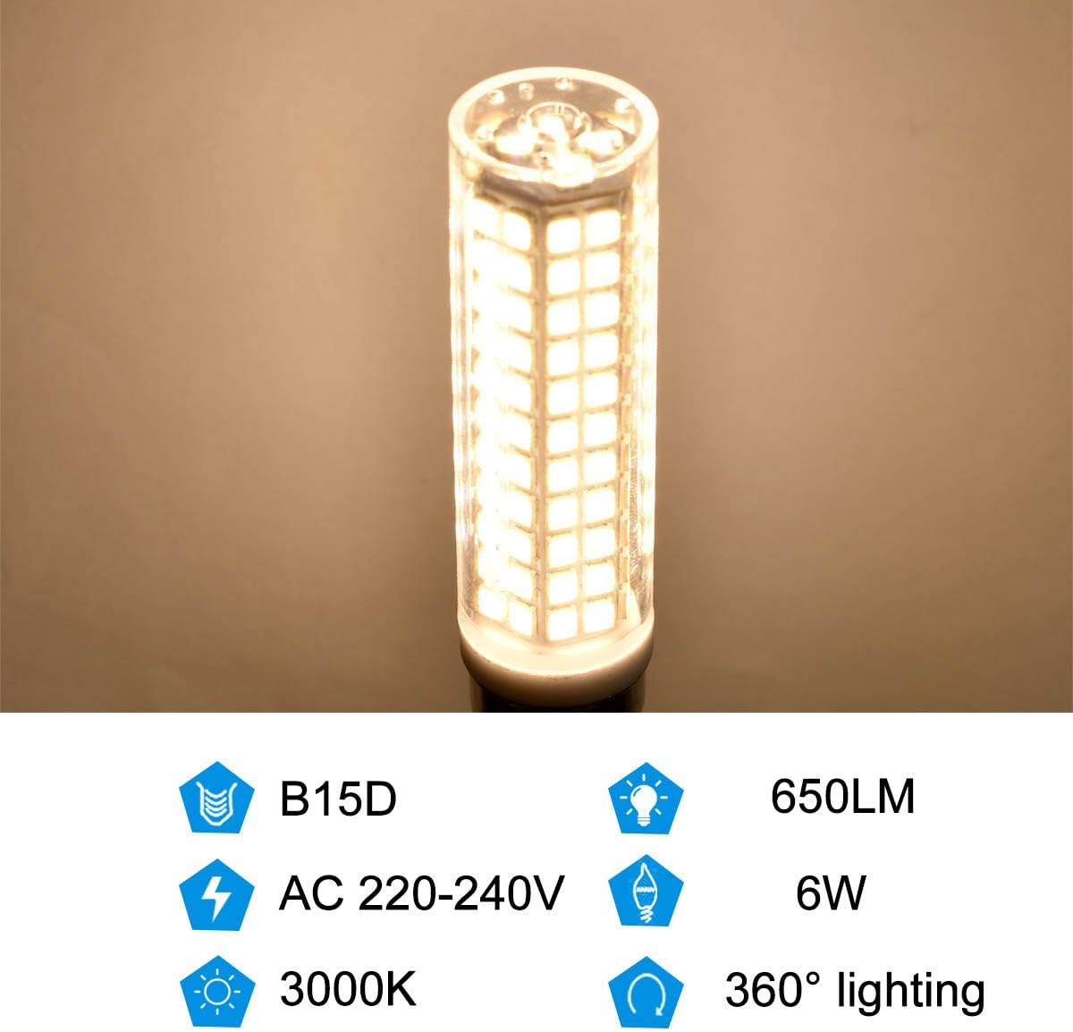 Dimmable B15D LED Bulbs, No Flickering, 6 W, Replaces 60-75 W, Halogen Bulbs, Warm White, 3000 K, 650 Lumens, 360&deg; Beam Angle, AC 220-240 V (Pack of 2) image number 6