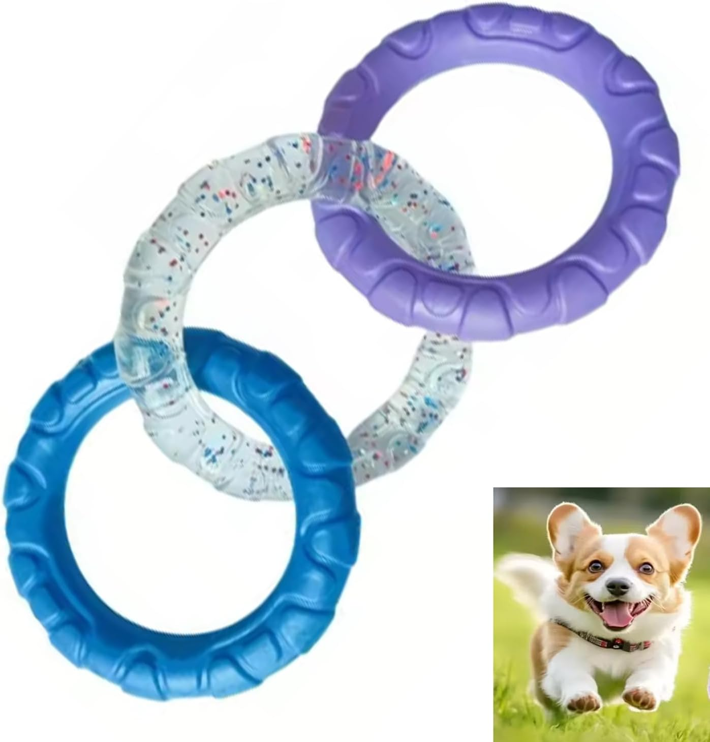 Roczential 3-Ring Dog Chew Toy, Indestructible Rubber Dog Toys, Puppy Teething Rings Toys for Small Medium Large Dogs (Yellow + Transparent + Purple)