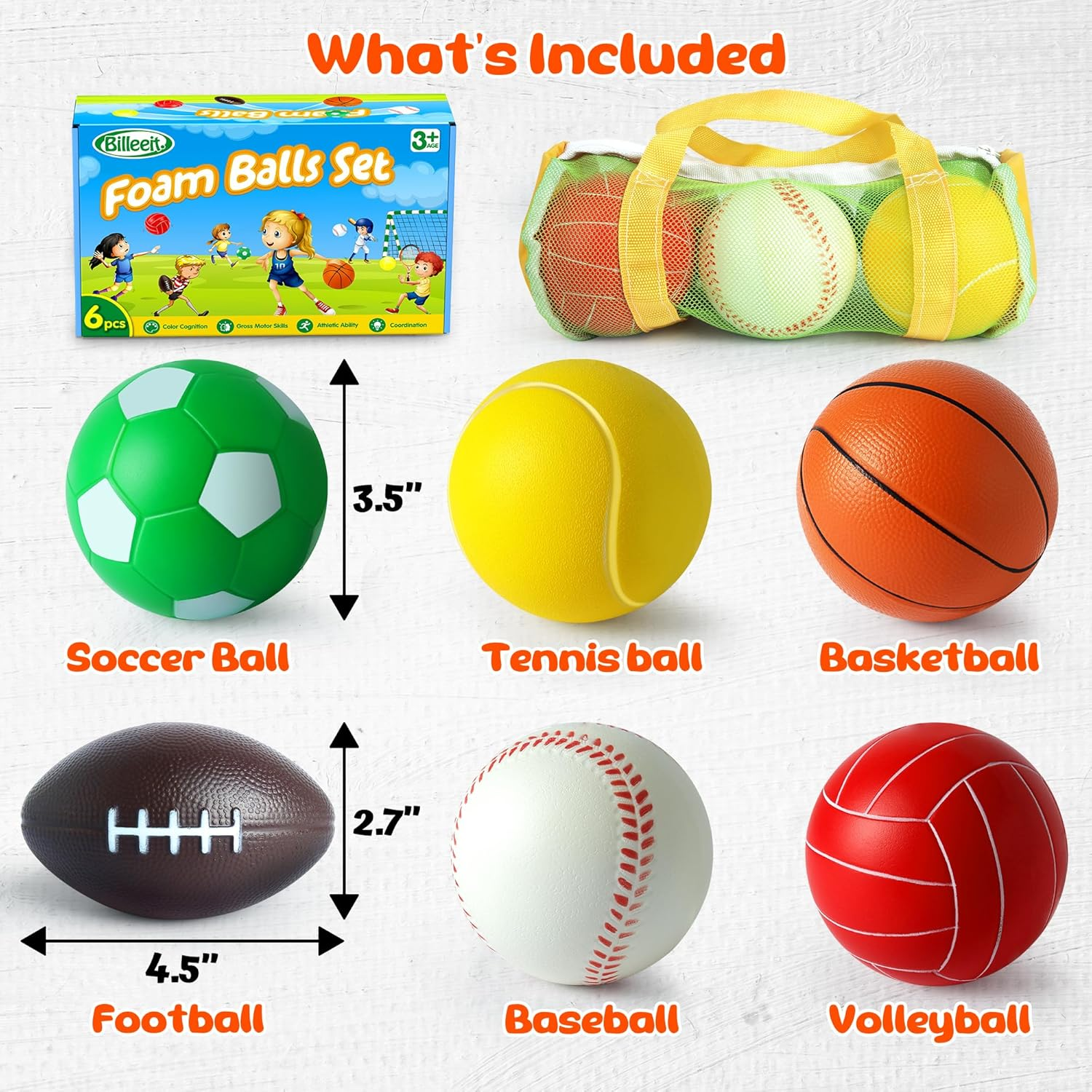 Mini Sports Balls Set for Toddler 1-3, First Sports Bag for Kids, Include 1 Each of 3.5" Foam Soccer, Tennis Ball, Basketball, Football, Baseball, Volleyball, Fun Baby Ball Toys, Set of 6 image number 5