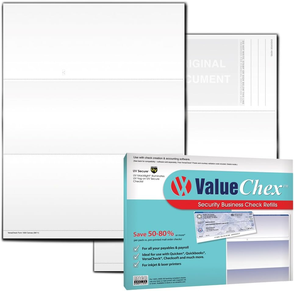 UV Secure Check Paper- Blank Check Stock - Business Check on Top, Canvas, 55 Count