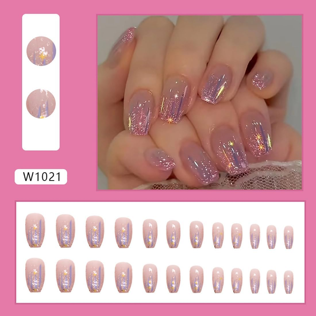 Resweky Moyen Cercueil Faux Ongles, Sequins, Fran&ccedil;ais Boutons, Press, Rose, Brilliant Nude Faux Ongles, Ensemble Complete De Clous Acrylic Liques for Women image number 2