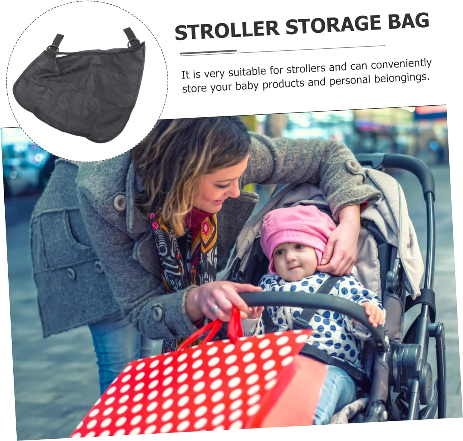Baby Stroller Diaper Bag Hanging Storage Organizer Mesh Pockets for Toddlers, Portable Stroller Storage Pouch for Diapers and Toys, Black Travel Essential for Outdoor Use image number 2