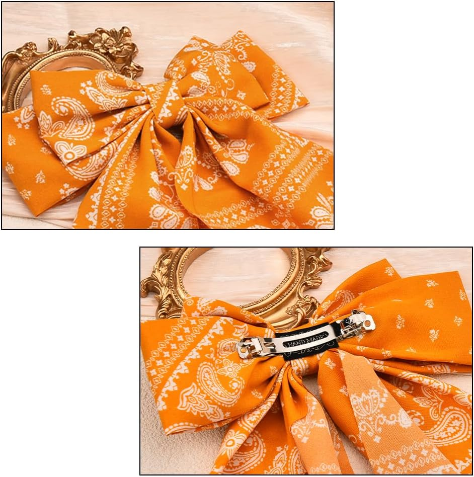 Bandana Hair Bow Large Bow Silky Satin Hair French Barrette Clip for Women Ribbon Hair Bows Paisley Hair Clips Hair Bow Accessories for Women Long Ribbon Bow Hair Clips French Barrette Hair Bows image number 3