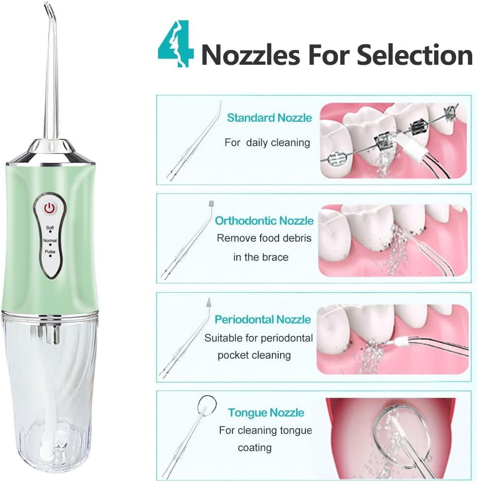 Water Flosser,Cordless Water Dental Cleaner Choice of 4 Tips, IPX7 Waterproof Rechargeable Portable Powerful Battery Water Flosser for Travel and Home Braces and Bridge Care (Green) image number 4
