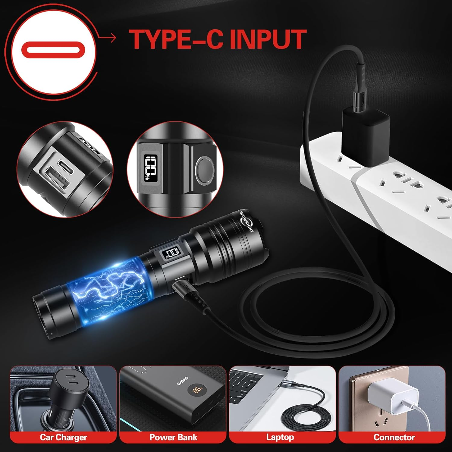 WOWNIGHT LED Torch Rechargeable Flashlights,30000 Lumens Super Bright Handheld Torches,Powerful Tactical Torch Light,Waterproof Torch Flash Light for Emergency Camping Hiking Dog Walking Gift image number 6