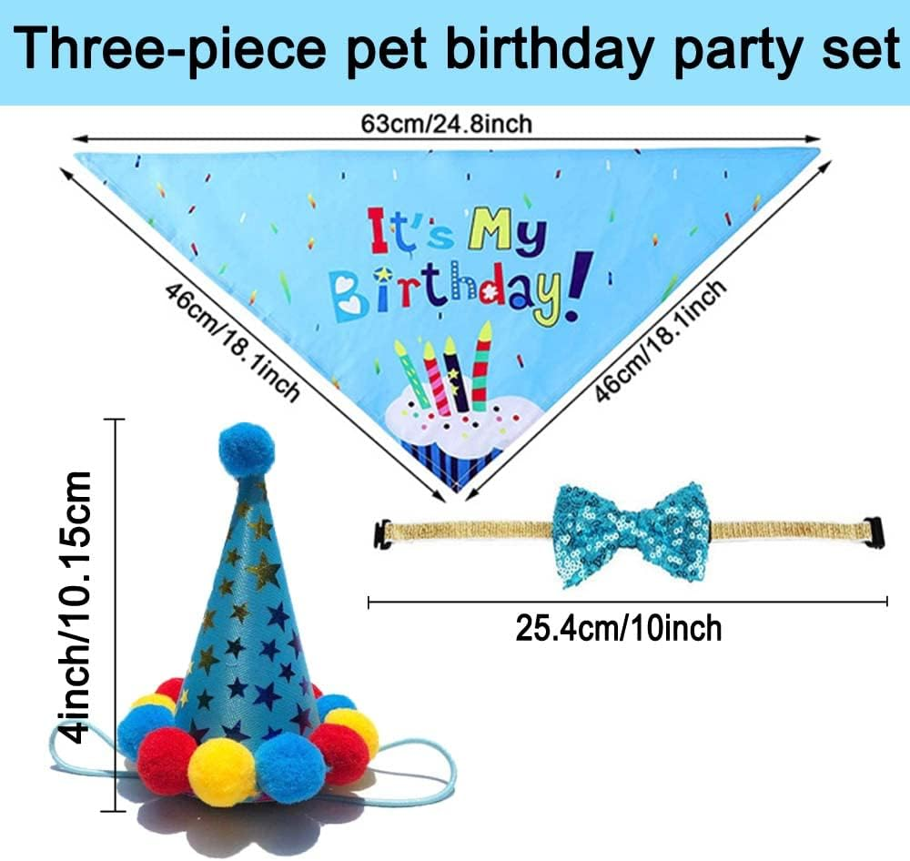 Dog Birthday Bandana Set, with Cute Doggie Birthday Party Hat and Bow Tie, for Cat and Dog Decoration(Blue) image number 2