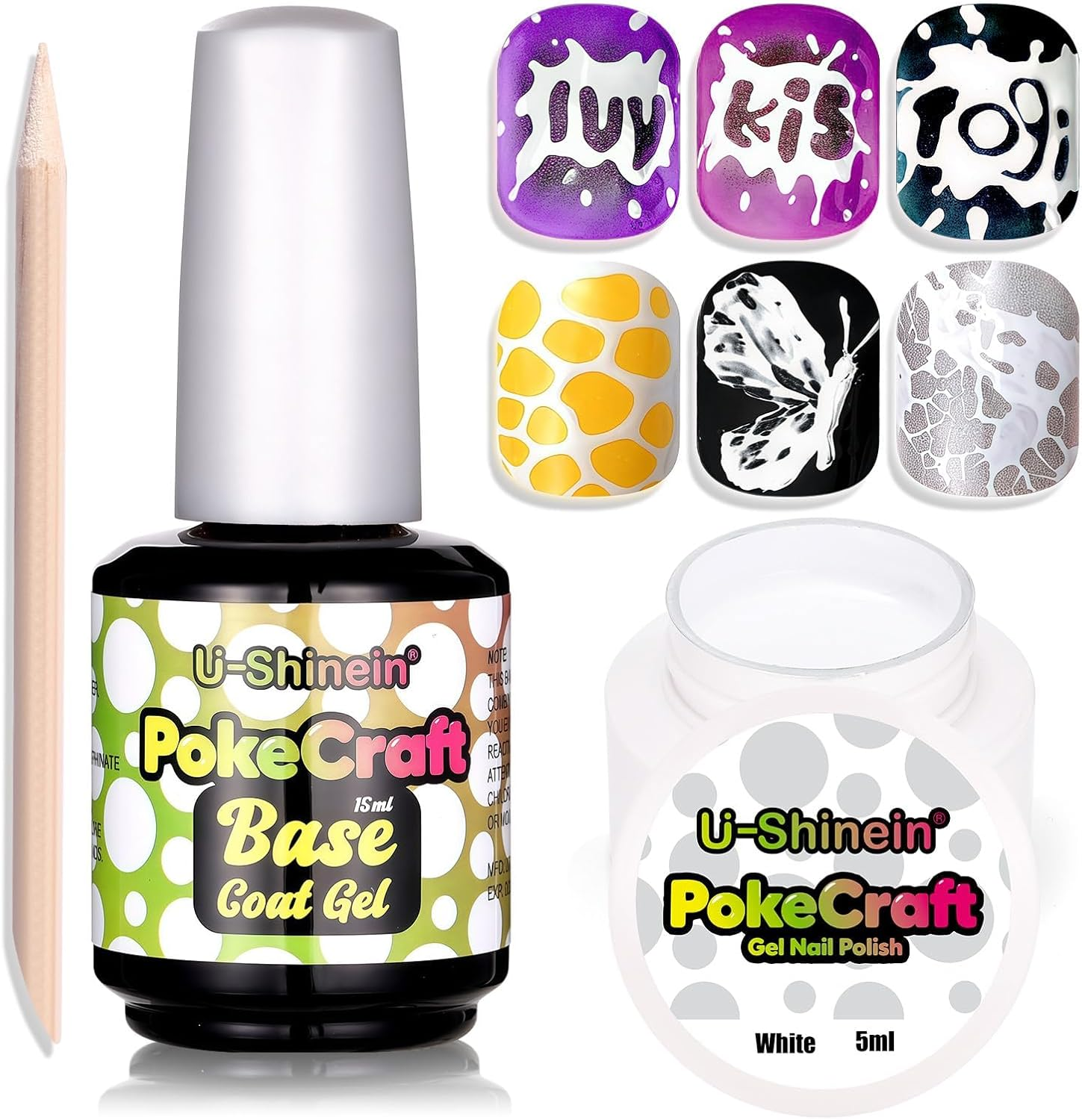U-Shinein Multi-Functional White&Black Gel Nail Polish Set, with Base Coat&Orange Wood Nail Sticks Kit, Blooming Gel Spreading Magic Blossom Effect Pokecraft Gel Nail Polish Lace Patterns Manicure DIY