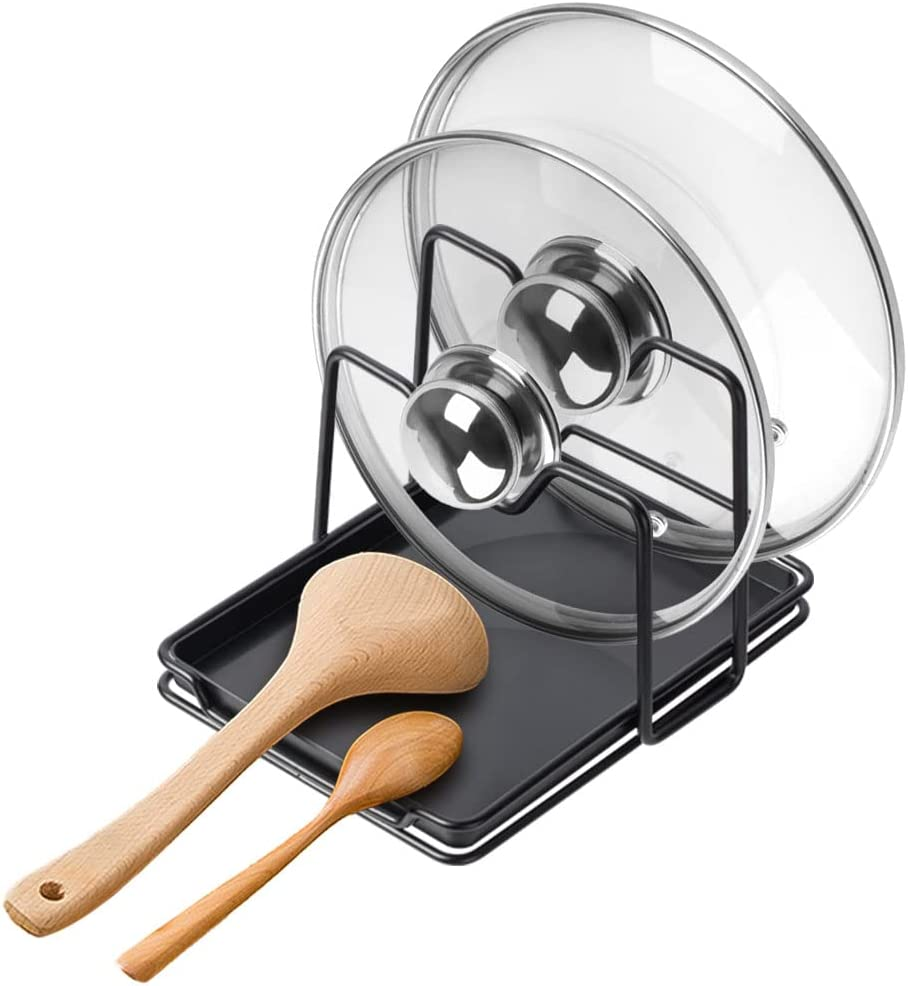 Poeland Pot Lid Holder, 2 Layers Pot Lid Organizer, Multifunctional Lid and Spoon Rest with Drip Tray for Pot Lid, Spatula, Spoon, Cutting Boards