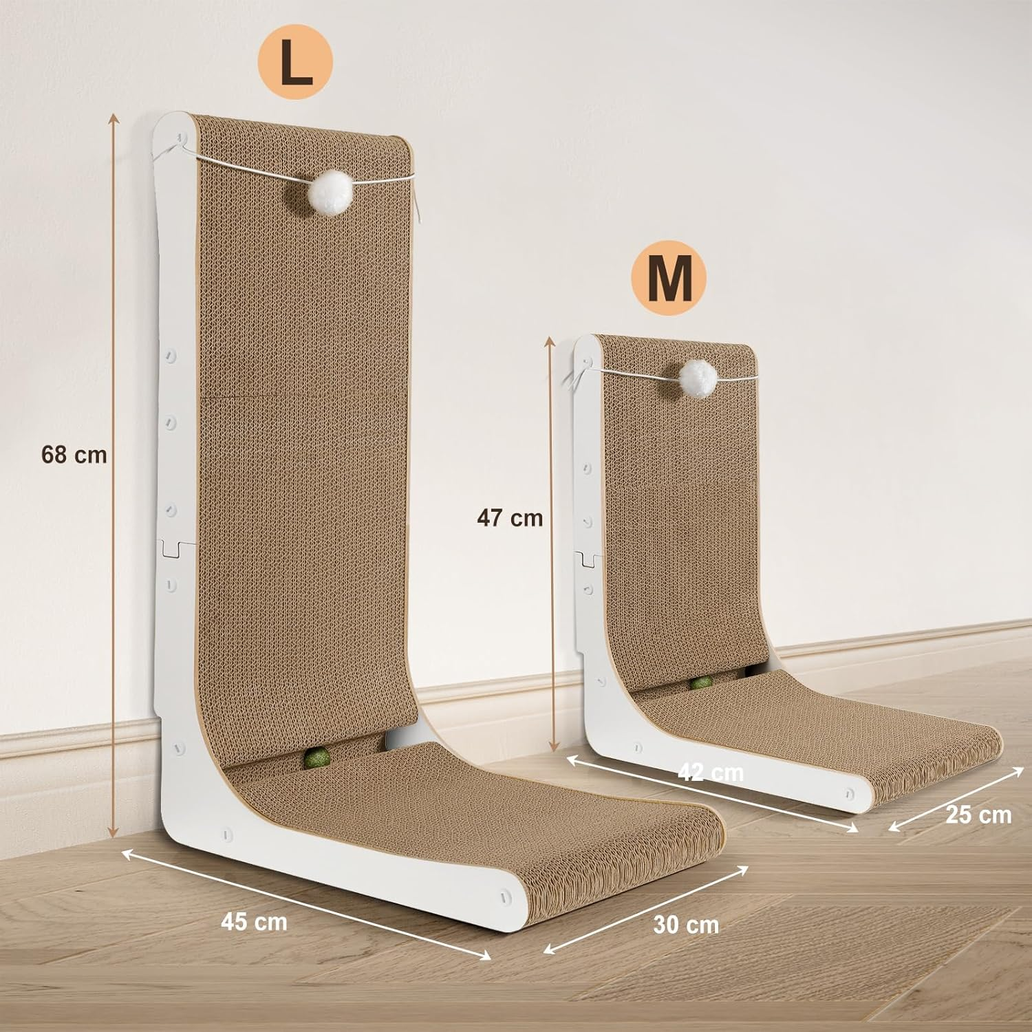 Gimars Vertical Cat Scratcher, L-Shape 68CM Cat Scratching Cardboard with Balls, Large Size Cat Scratch Pad Wall Mounted, Cat Toys for Protecting Furniture (White 47Hx42Wx25L)