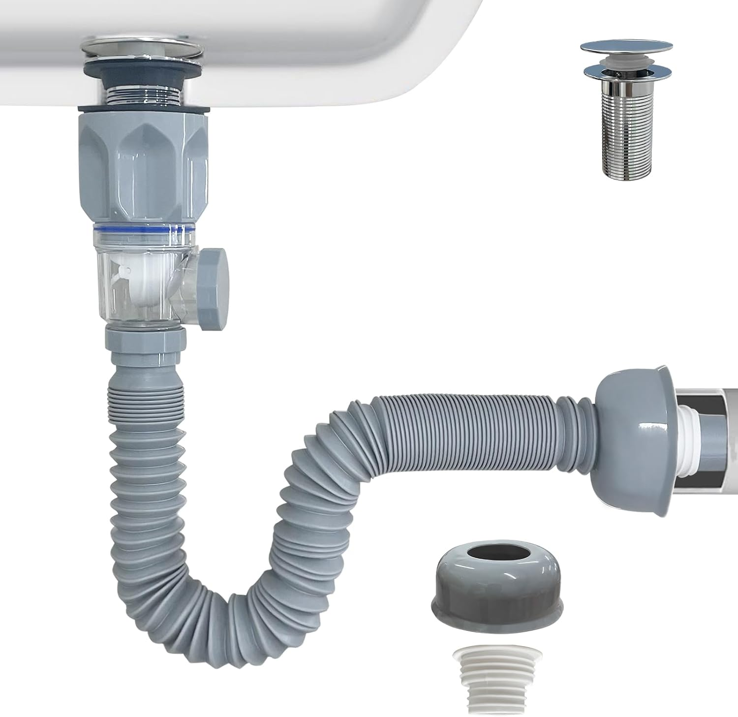 Qruilantu Bathroom Sink Drain Kit, Anti-Odor Flexible Expandable P-Trap Sink Drain Pipe, 1-1/4" to 1-1/2" Drain Hole, Stainless Steel, Grey