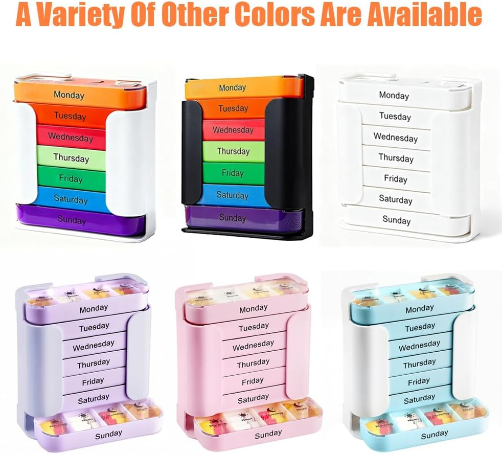 7-Day Medication Organizer - for Effortless Health Management: Stackable Weekly Pill Organizer with 7(Days)&times;4(Morning/Noon/Evening/Night) Compartments | Travel-Friendly Home Supply (Balck) image number 2