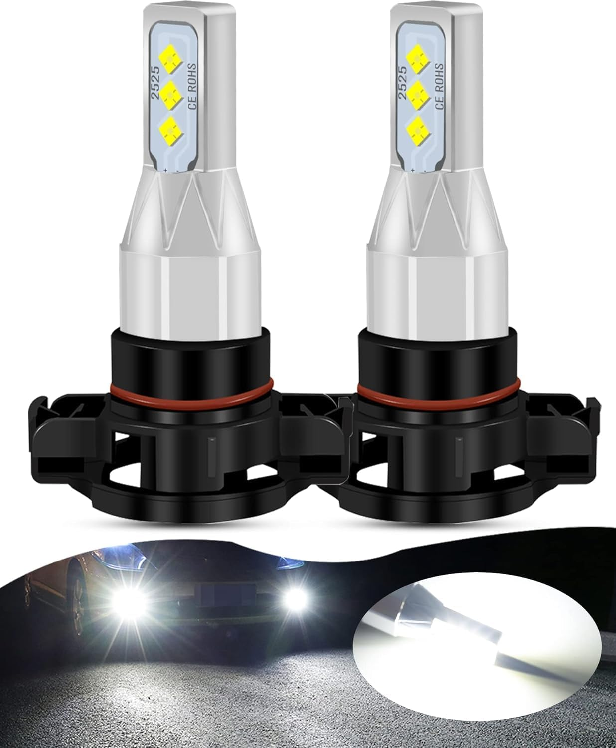 HOCOLO 2X L2 5202 6000K LED Fog Light Bulbs Set, 6000LM 6-2525-SMD Ceramic Lamp Beads, Plug and Play Fog Lamps Replace Bulb for Cars Vehicle ATV/UTV off ROAD LIGHT (White, 5202/H16/PS24W)