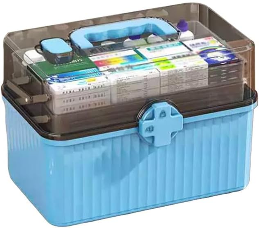 AIMALL Large-Capacity Multi-Layer Medicine Box with Lockable Transparent Lid &ndash; Home First Aid & Drug Storage Organizer for Emergency Use &ndash; White/Blue
