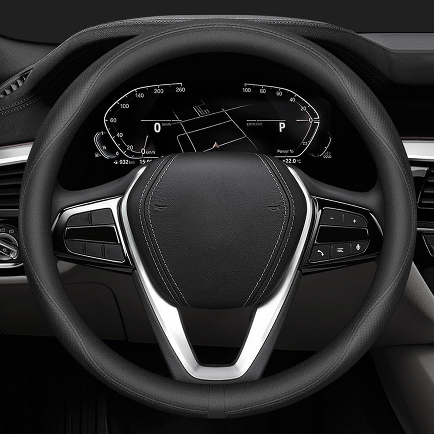 Car Steering Wheel Cover Compatible with Mazda CX-30, CX-5, CX-3, 6, 5, 3, 14.5-15 Inches Accessories, Ultra-Thin Design Premium Nappa Leather (Black-A)