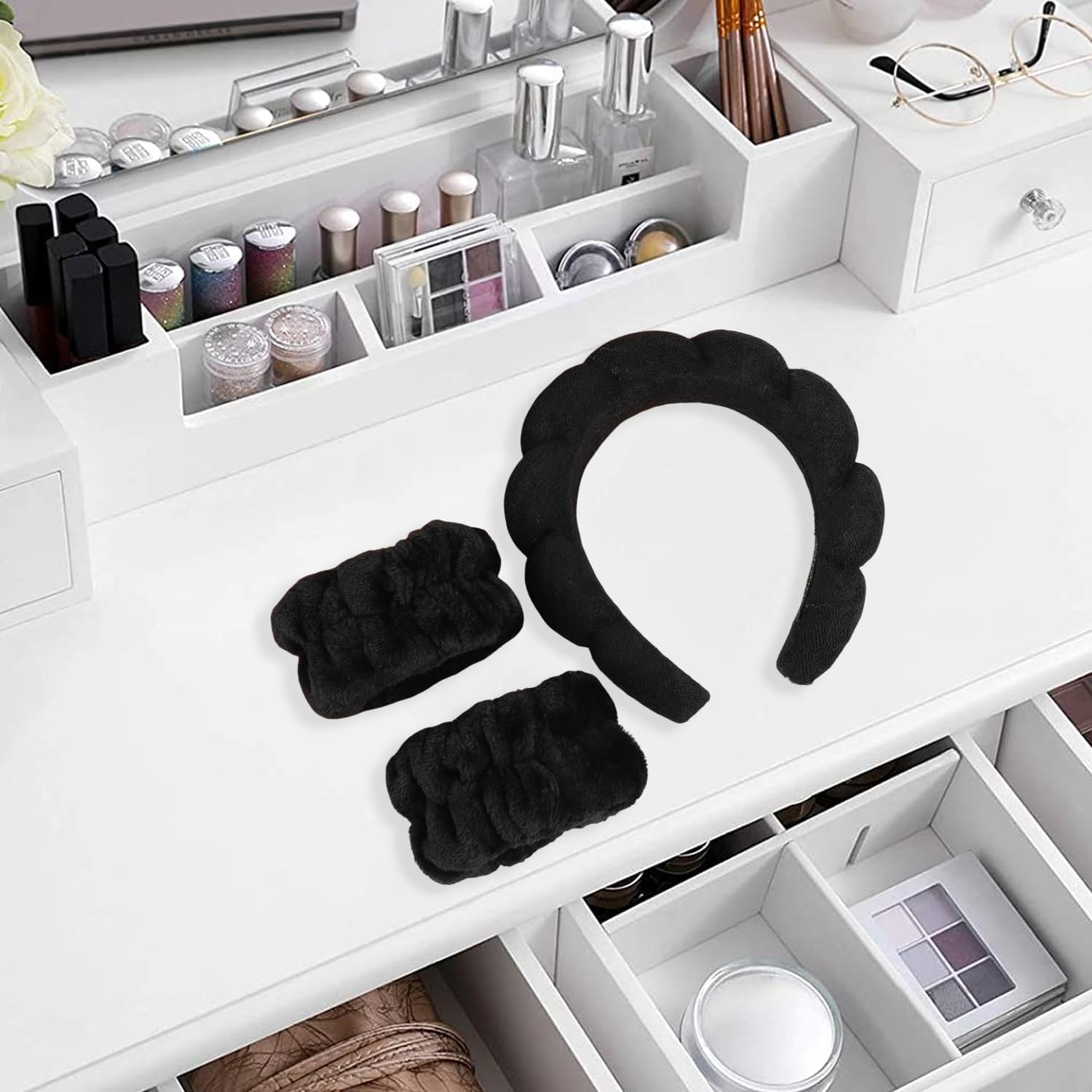 Skin Care Headband Bracelets for Face Wash Set Soft Sponge Makeup Spa Headband Hair Band Face Wash Headband Wash Face Bracelet Non-Slip Headband for Women and Girls (Black) image number 1