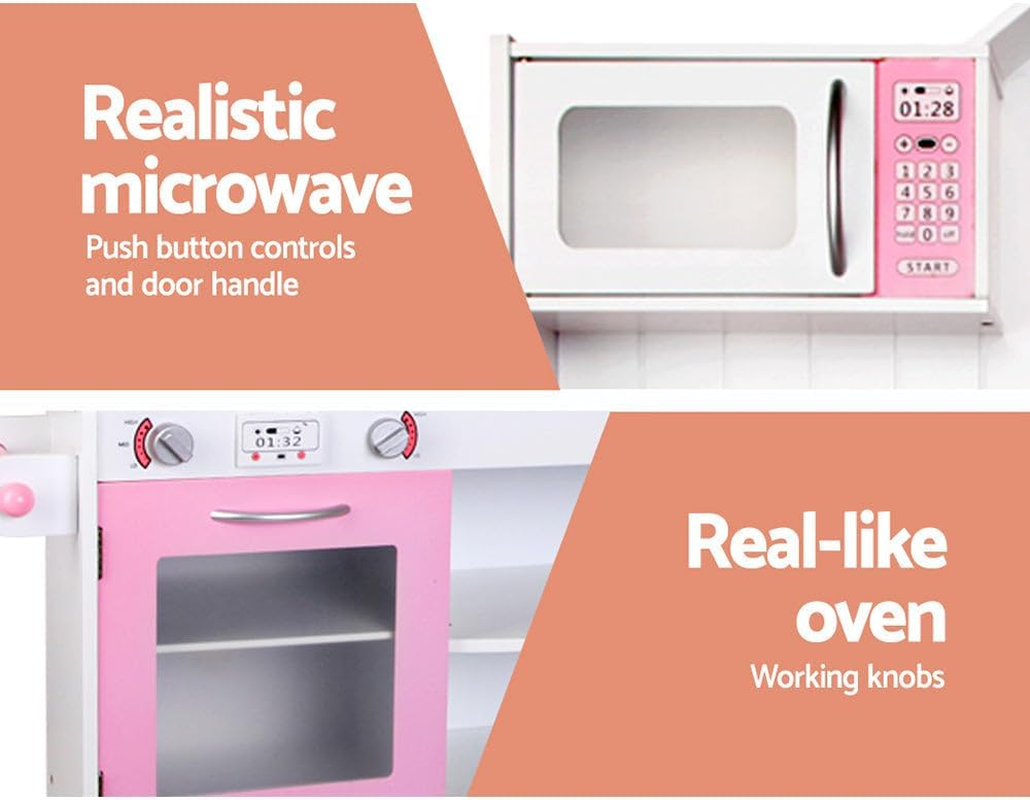 Keezi Kids Kitchen Set 12 in 1 Pretend Play Food Playset Wooden Toys Mud Kitchens Children Cooking Cookware Sets Toy Home Cubby House Furniture for Boys Girls, Ample Storage Space Pink White image number 6