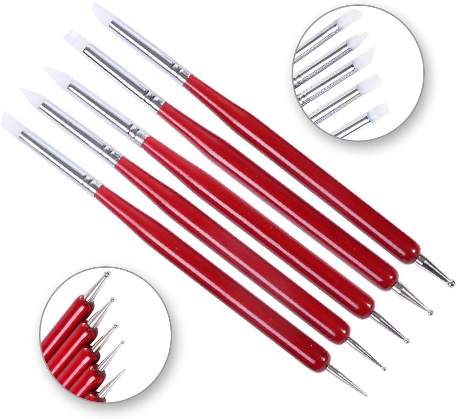 5Pcs 2 Ways Nail Art Sculpture Dotting Pen Nail Art Tool Silicone Dual-Ended Wooden Handle Brushe Nail Manicure Tool 14.7Cm Zhengpingpai