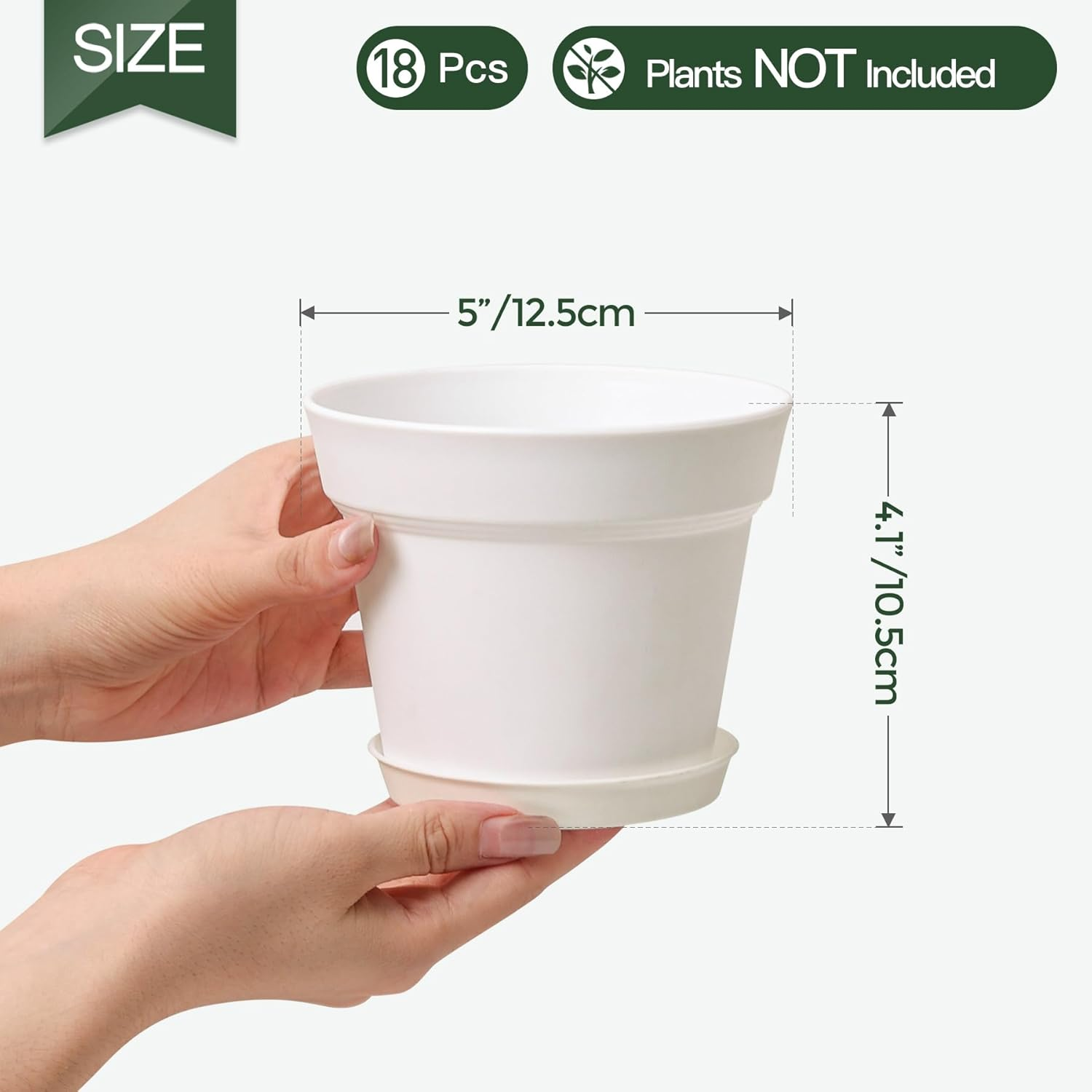 T4U 5 Inch Plastic Planters 18-Pack - Small Plant Pot with Drainage Hole and Saucer, Decorative Nursery Flower Pot Bulk for African Violet, Snake Plant, Aloe and All House Plants Indoor (White)