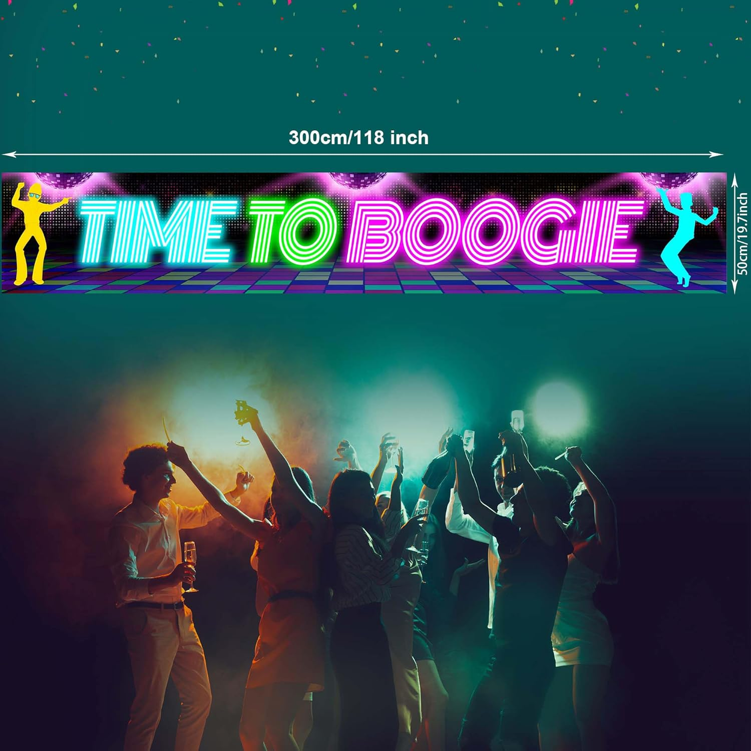 Disco Party Banner Backdrop Time to Boogie 70S 80S Neon Retro Dancing Night Theme Wall Yard Decor for Disco Fanatics Birthday Party Let'S Glow Crazy Prom Favors Decorations Supplies 118X20In-Beckten