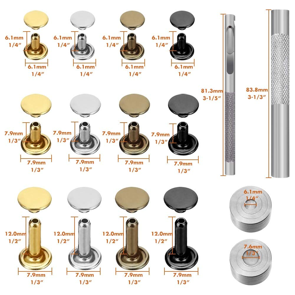 Selizo 480 Sets 4 Colors 3 Sizes Leather Rivets Double Cap Rivet Tubular Metal Studs with 3 Pieces Setting Tool Kit for Leather Craft Repairs Decoration image number 3