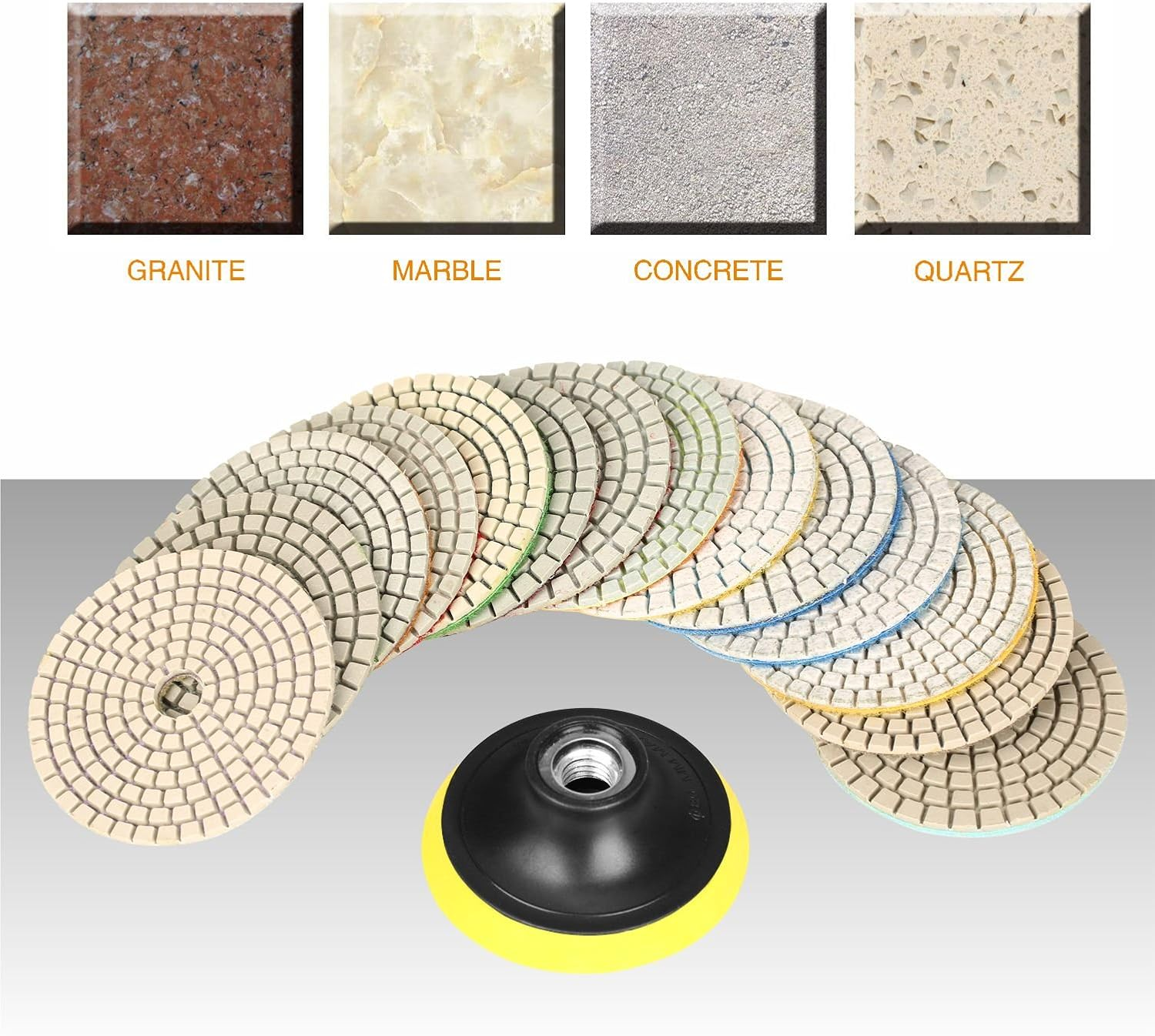 SPTA 15Pcs Diamond Wet Polishing Pads Set, 4 Inch Pads for Granite Stone Concrete Marble Floor Grinder or Polisher, 50#-6000# with Hook & Loop Backing Holder Pads for Wet Polisher