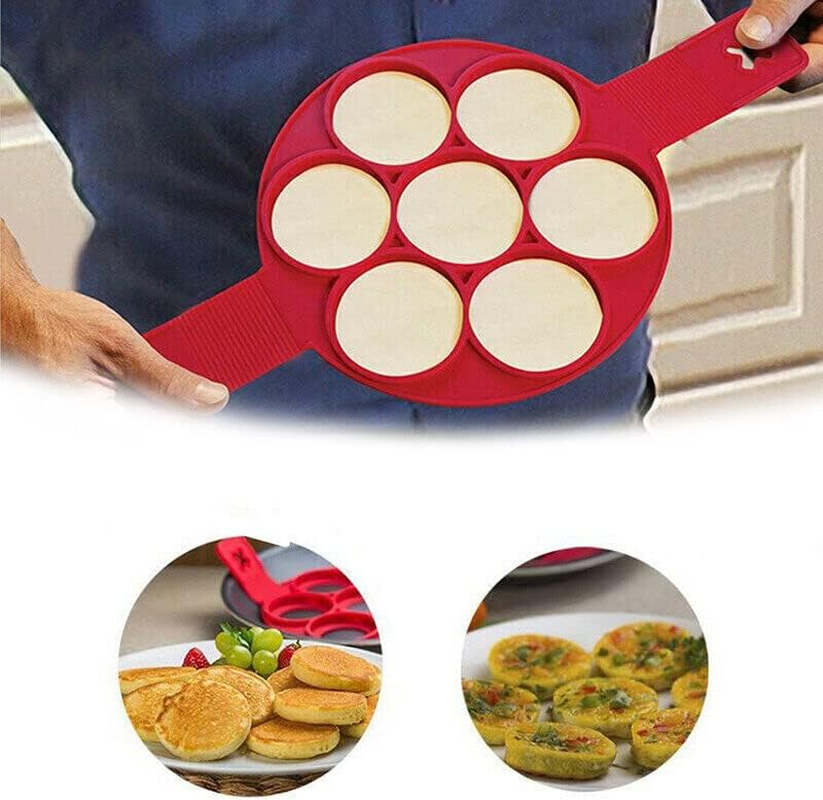 AIMALL Pancake Mold Maker, Breakfast Mold Flip Cooker,Silicone 7 round Non Stick Egg Rings Set Flipper Pancake Pan Perfect Breakfast Maker Egg Omelette Tool for Cooking Fried Eggs, Hash Browns, Crumpets, Omelets on Griddle image number 1