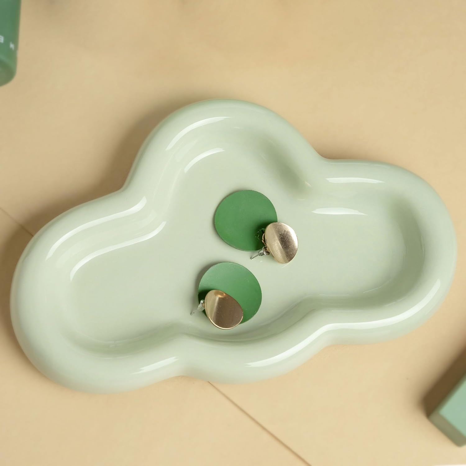 Cloud Trinket Dish, Chubby Jewelry Tray, Ceramic Jewelry Ring Trinket Dish for Rings Earrings Necklace Organizer, Mother'S Day Thanksgiving Christmas Birthday Bridesmaid Gifts (T-Green) - Cr&egrave;me image number 3