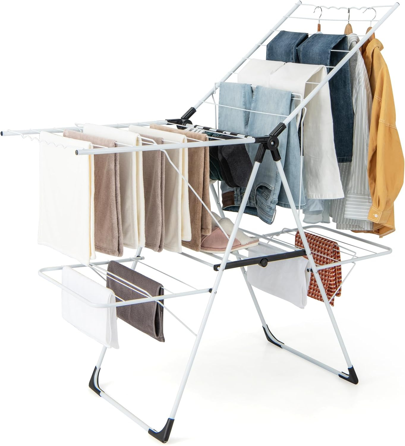 Giantex Folding Clothes Drying Rack, 2-Tier Metal Laundry Drying Rack Laundry Drying Rack with Height-Adjustable Wings, 33 Drying Rails, Middle Sock Clips, Side Wave-Shaped Bars, No Assembly