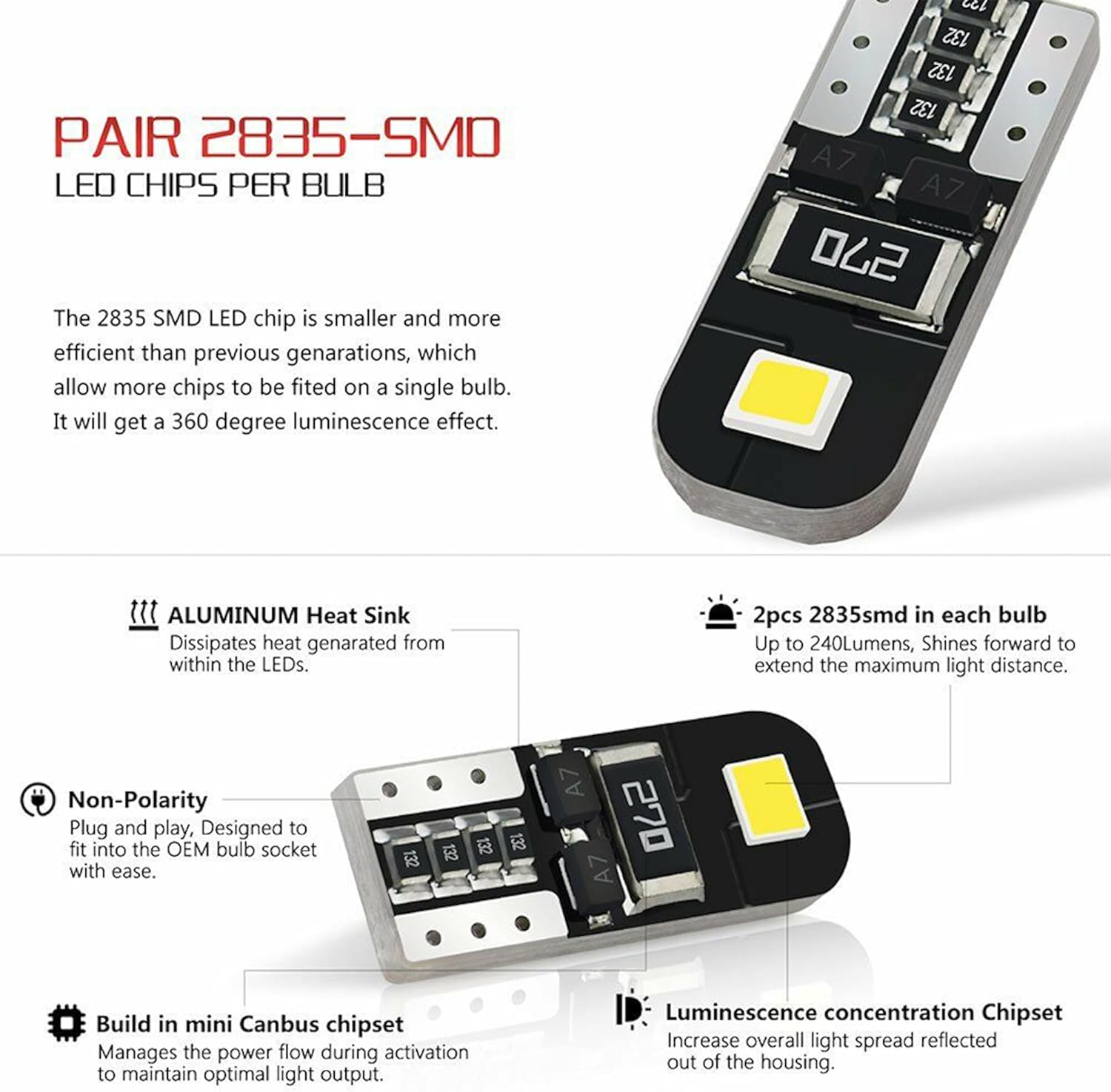 10 Pcs CANBUS Error Free T10 W5W 194 168 Wedge Interior LED Light Bulbs image number 4