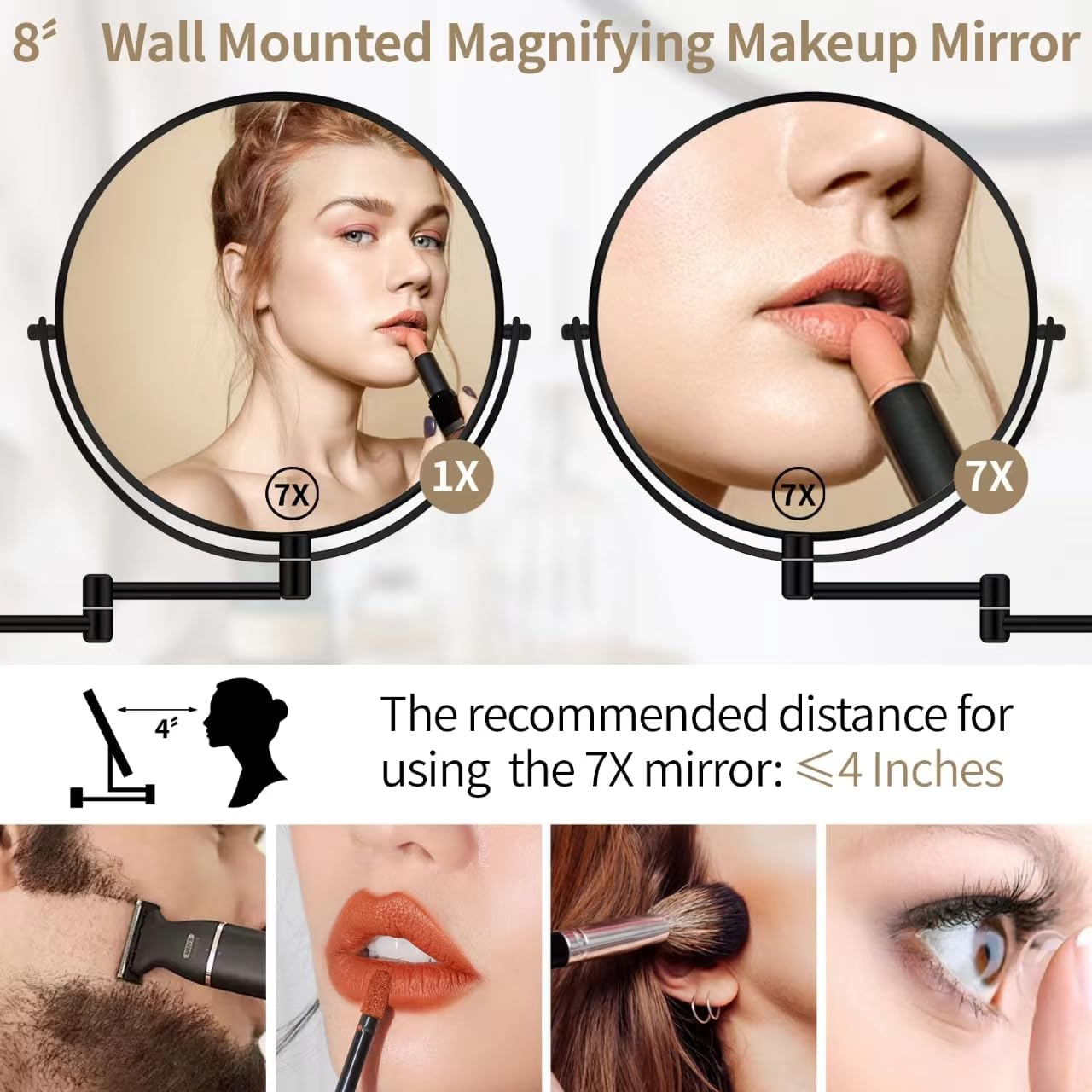 Btremary 8&rdquo; Wall Mounted Magnifying Makeup Mirror 1X/7X Wall Mount Mirror Swing Arm Two-Sided 360&deg; Swivel Bathroom Shaving Mirror for Men and Women in Hotel/Home, Black image number 4