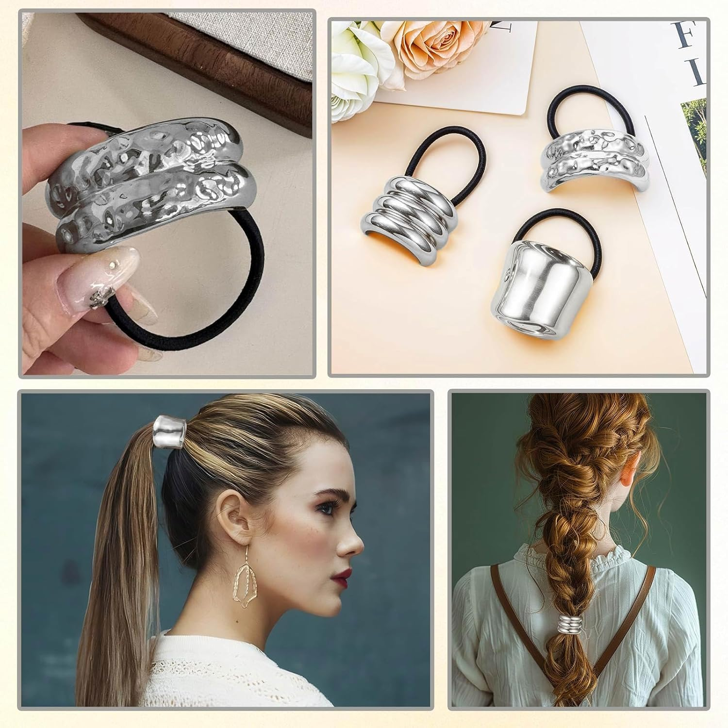 YUBBYSTU 3 Pcs Hair Cuffs for Ponytails, Metal Hair Ties for Thick Hair Ponytail Hair Cuff Silver Hair Ties Hair Wrap Hair Elastic Ties for Women Holder Hair Accessories image number 3