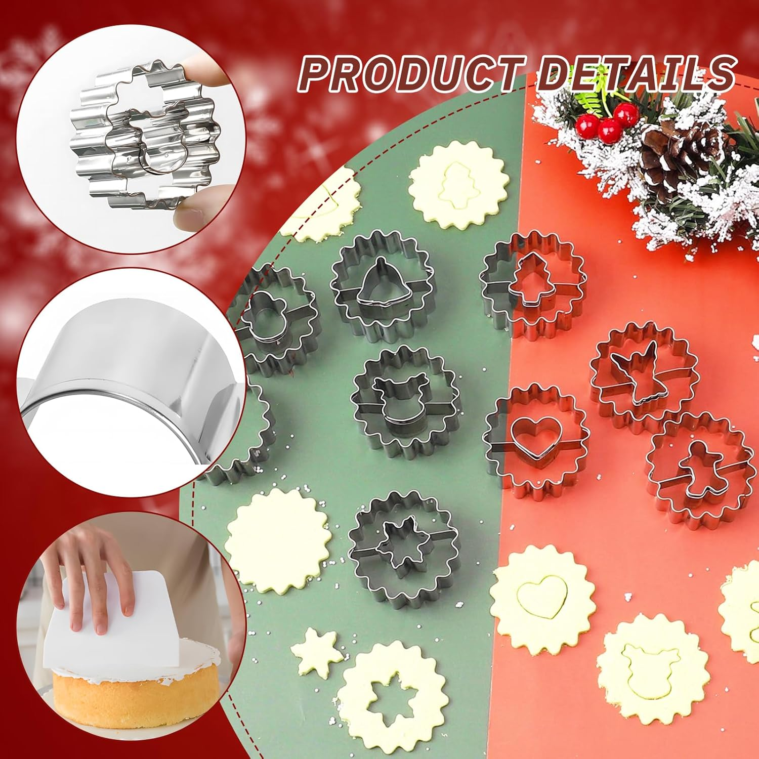 11 Pcs Christmas Cookie Cutters Set with 2 Cake Scraper, VEINARDYL Mini Christmas Holiday Stainless Steel Cookie Cutters for Baking, Christmas Tree, Snowman, Elk, Gingerbread Man, Snowflake, Angel image number 2