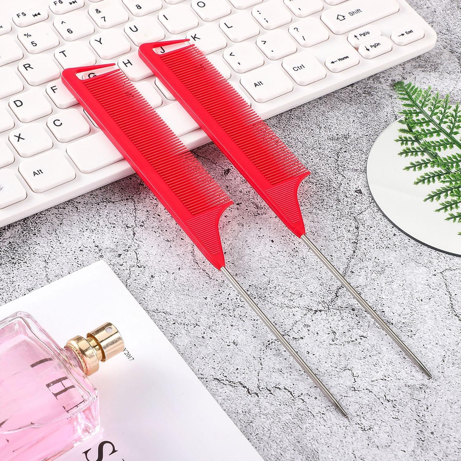 30 Pieces Parting Comb for Braids Hair Rat Tail Comb Steel Pin Rat Tail Carbon Fiber Heat Resistant Teasing Combs with Stainless Steel Pintail (Red) image number 4