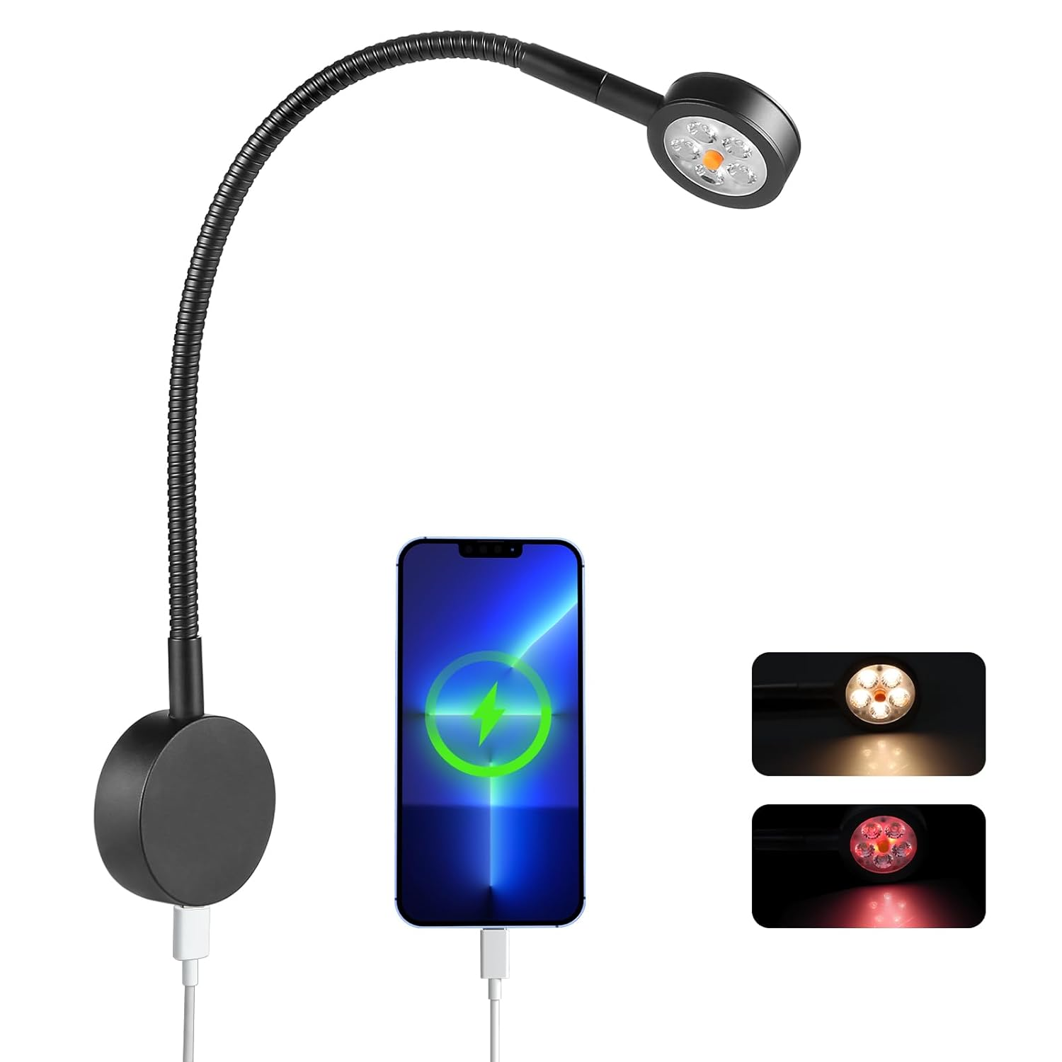 Obeaming 12V Reading Light RV Boat Flexible Spotlight, Built-In Dimmer Switch, Type C Charger, Red Night Light, 3200K DC12-24V Wall Light for Camper Van Caravan Yacht(Black)