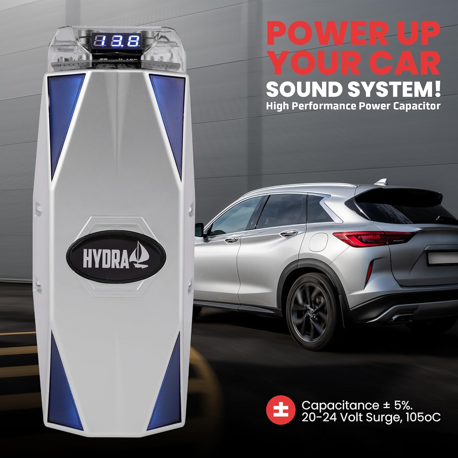 Pyle 0.3 Farad Digital Power Capacitor, High-Performance Car Audio Accessory with Blue Digital Display Voltage Readout and LED Flash, over Voltage Protection, Mounting Hardware, DC 12-24V image number 2