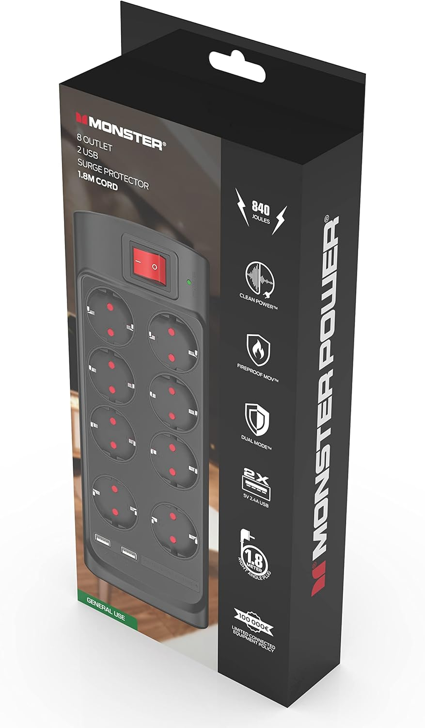 Monster - Power Strip - 8-Way + 2 USB with Switch - 1.8 M - Black