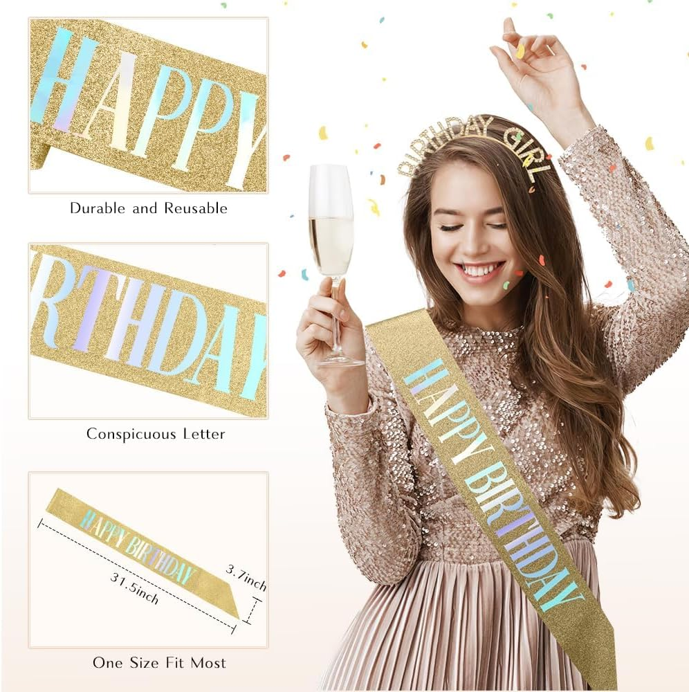 Birthday Sash and Crown, Girl Headband Tiara Rhinestone, Happy Birthday Sash, Glitter Golden Yellow Accessories Set, Party Decorations, Supplies Stuff Gifts for Girls Princess Queen Women Adult Woman image number 2