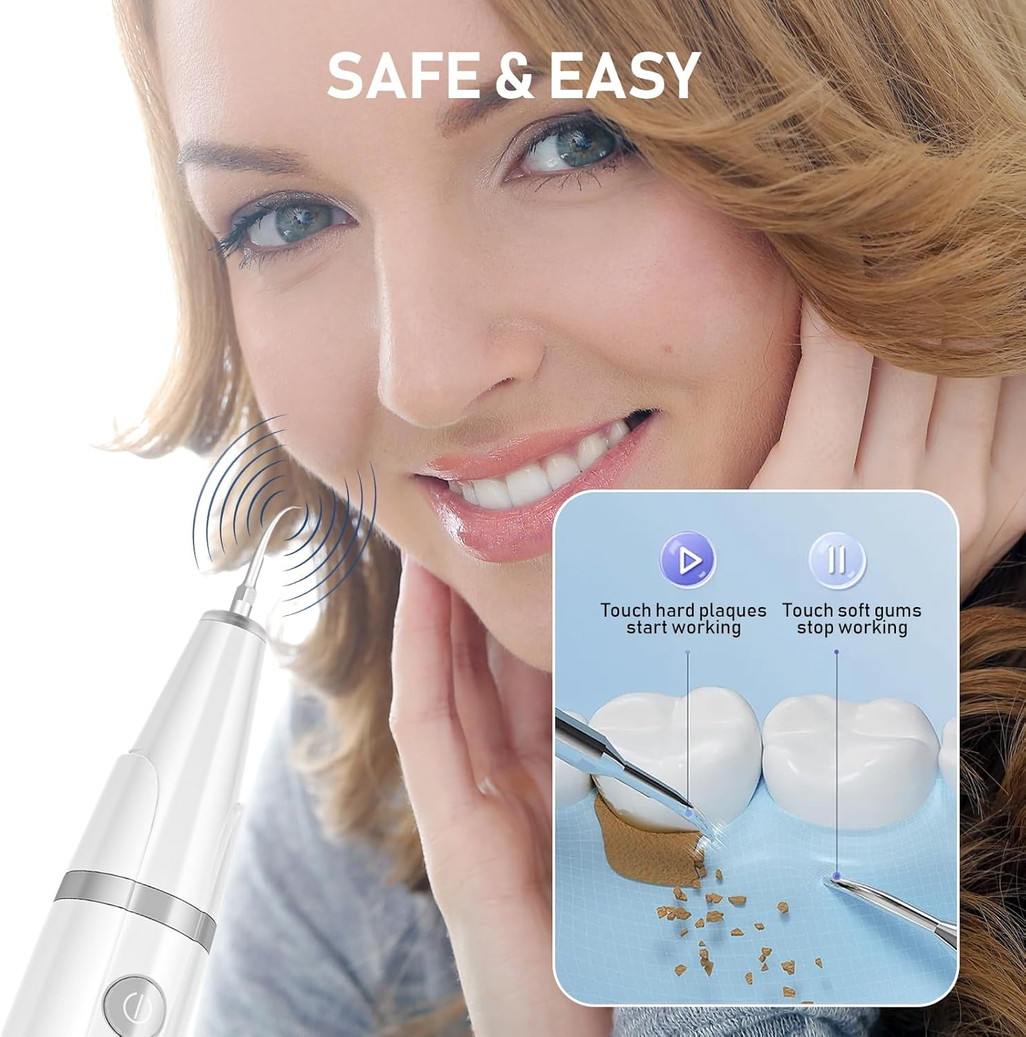 Ultrasonic Tooth Cleaner Plaque Remover for Teeth Cleaning IP67 Waterproof Tartar Remover with 3 Replaceable Heads and 5 Adjustable Modes Rechargeable, Portable Design for Home Travel image number 3