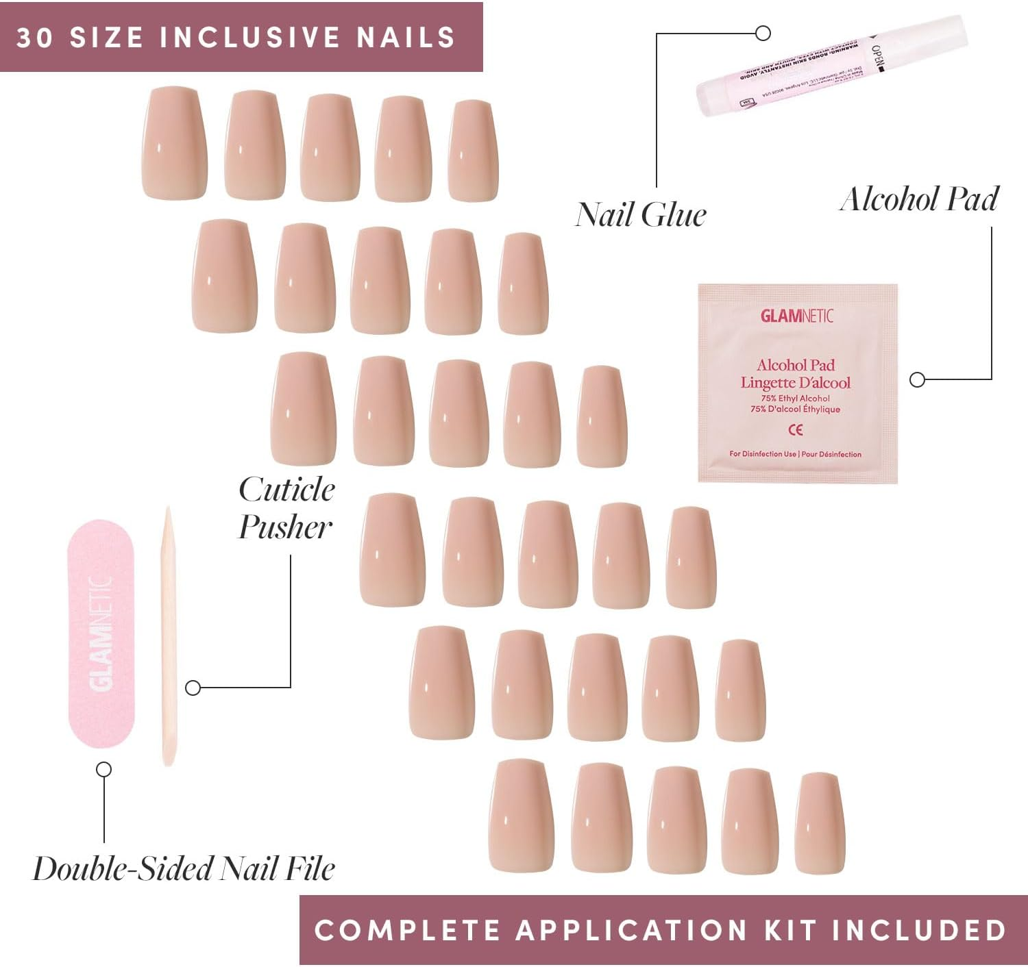 Glamnetic Press on Nails - Exposed | Medium Coffin Fake Nails, Nude Opaque Neutral, Salon Quality | 15 Sizes - 30 Nail Kit image number 6