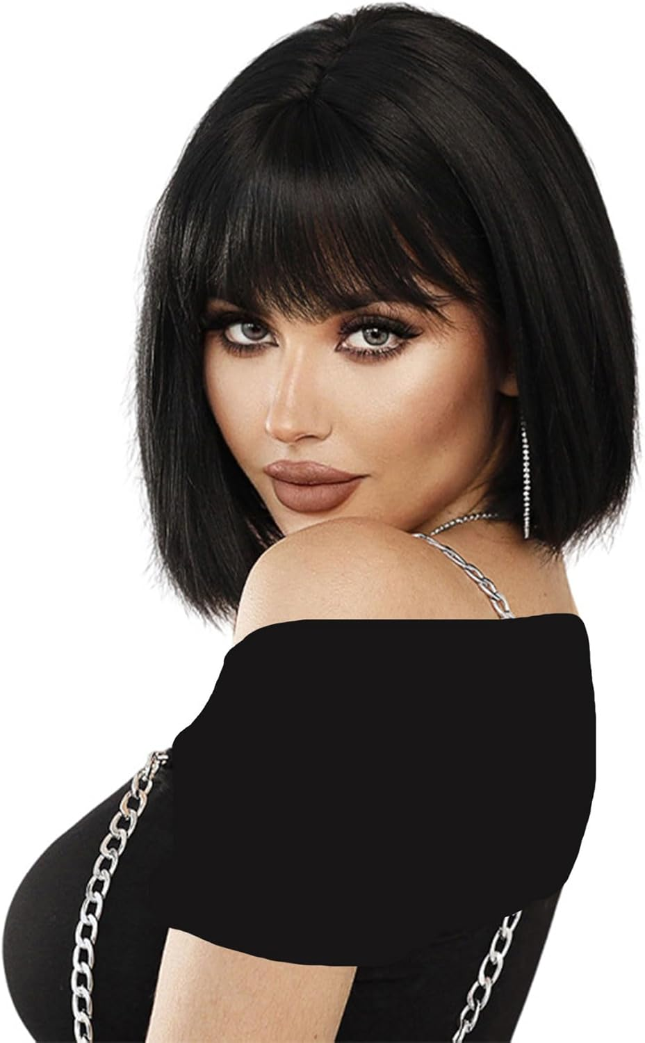 Women'S Straight Black Bob Wig with Bangs, Short Bangs, Natural Wig Heat Resistant Synthetic Black Wig (Black) image number 3
