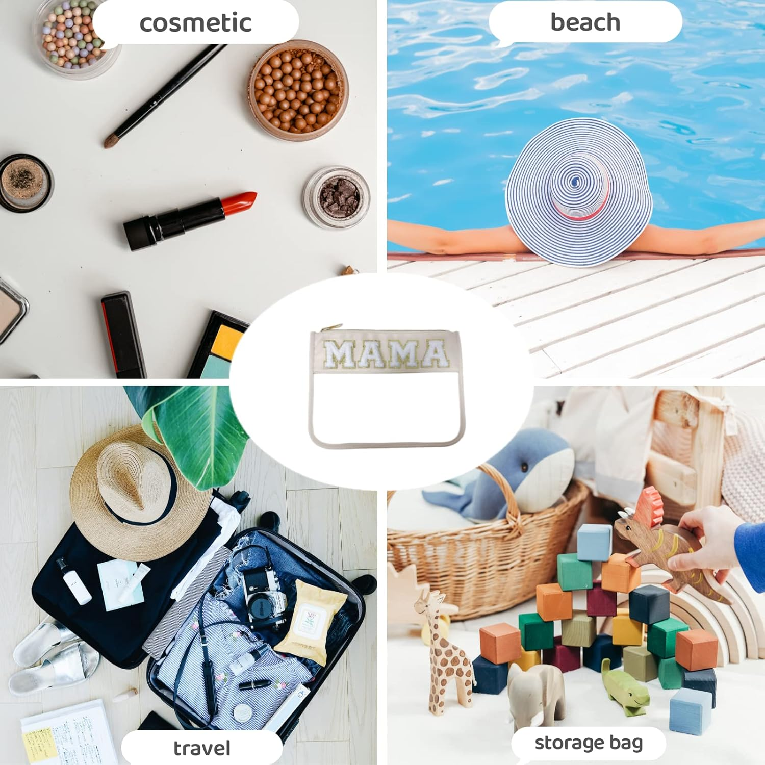 Clear Makeup Letter Bag, Chenille Patch Cosmetic Toiletry Pouch, Stadium Preppy Bags for Women Girls, Beige-Mama image number 1