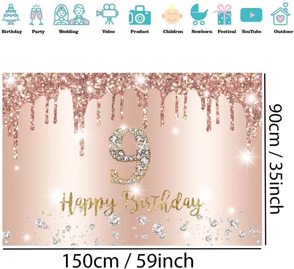 Tecreo Happy 9Th Birthday Decorations Backdrop Banner for Girls, Rosegold Fabric Sign Poster, 59"X35.4", Pink, Vinyl, No Rope Included image number 1