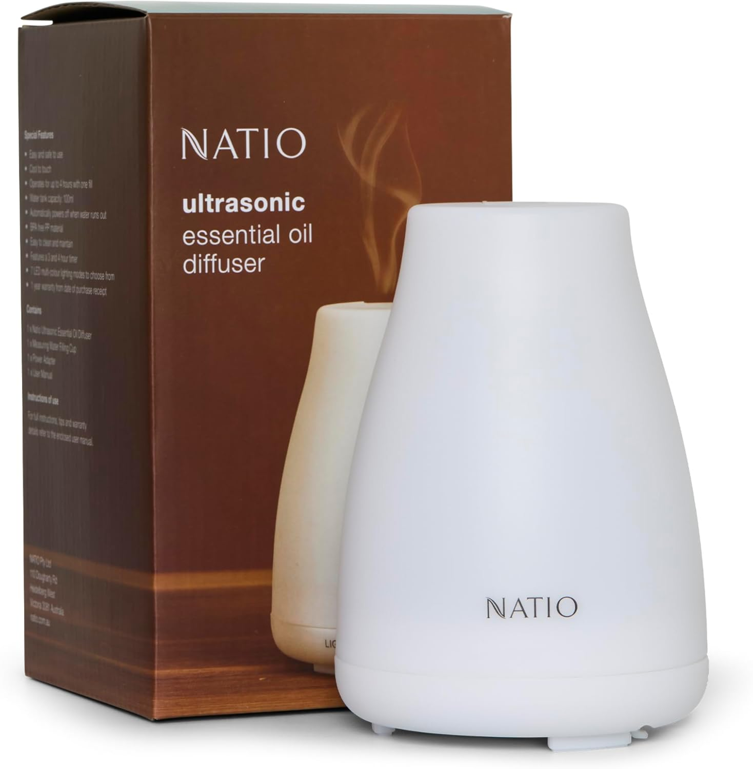 Natio Australia Ultrasonic Essential Oil Diffuser - Non-Heat Ultrasonic Technology with 4 Hour Auto-Off Timer for Natural Home Fragrance image number 1