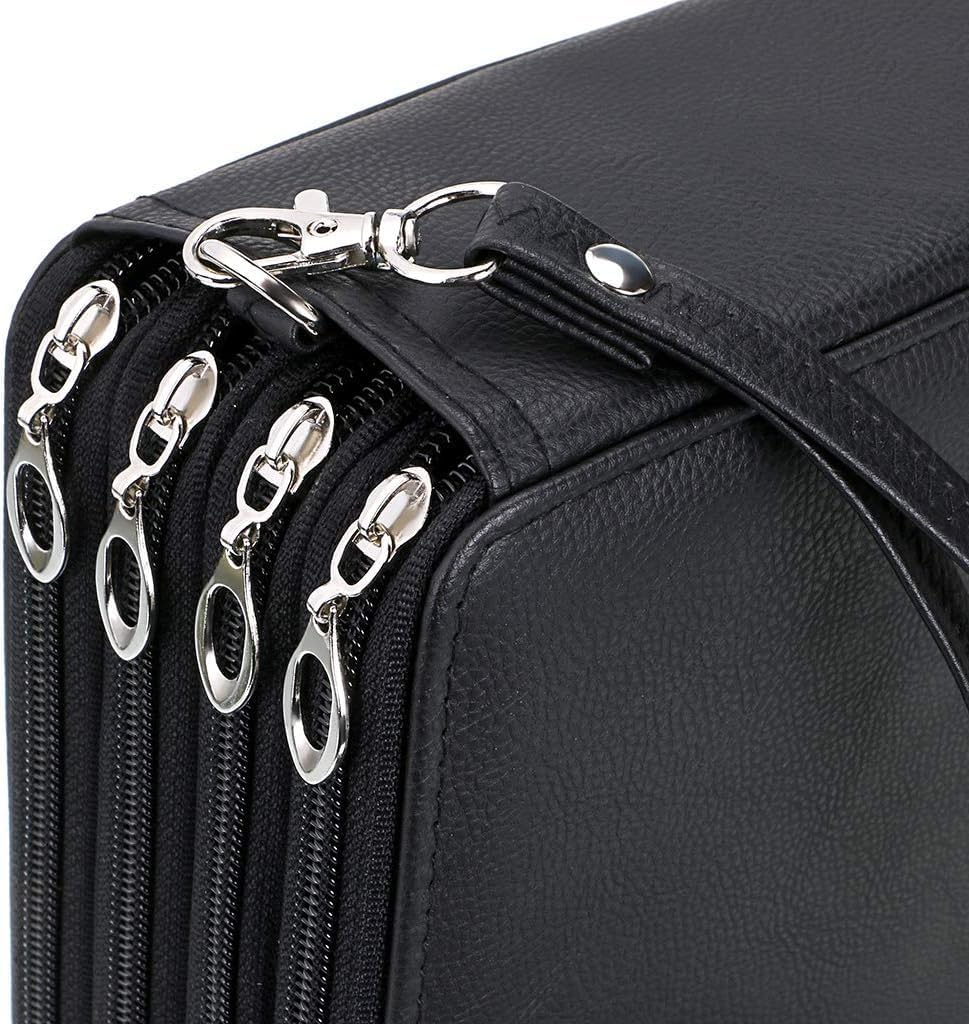 200 Slots Colored Pencil Organizer - Deluxe PU Leather Pencil Case Holder with Removal Handle Strap Pencil Box Large for Colored Pencils Watercolor Pencils (Slots Black) - Black Flamingo image number 2