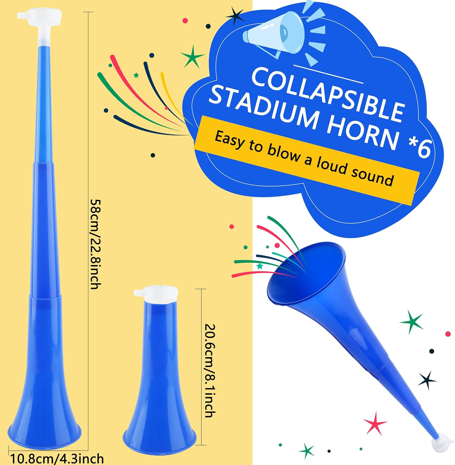 Hoarost 12 Pcs 24 Inch Collapsible Stadium Horn Vuvuzela Plastic Collapsible Cheering Trumpets Noisemakers Cheer Horn Blow Horn for Sporting Events Football Carnival Party Favors (Color Set 2) image number 6