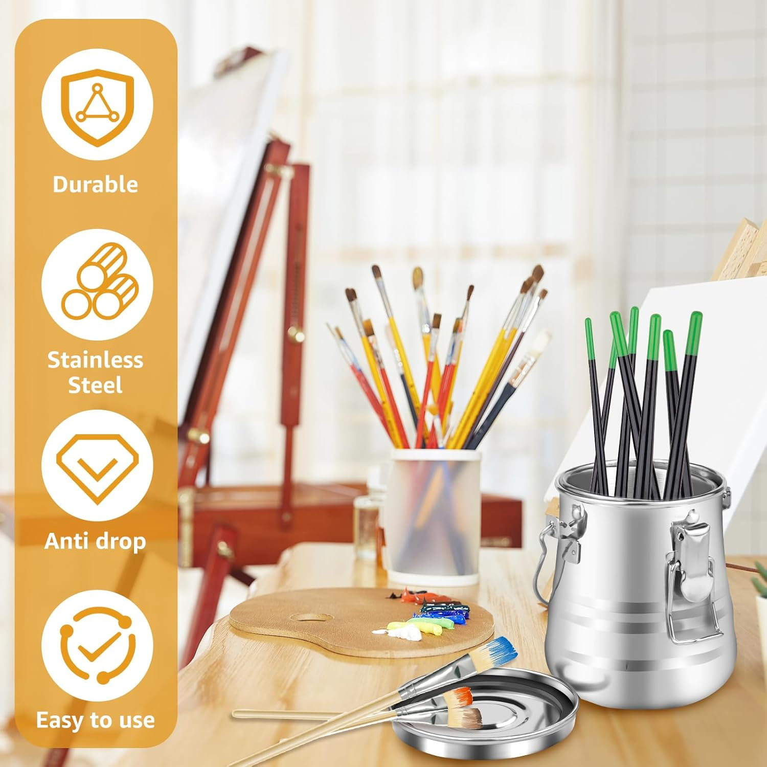 Paint Brush Washer Pot, Stainless Steel Paint Brush Cleaner with Removable Strainer, Portable Brush Cleaner with Handle, Paint Brush Washer for Oil Painting 4.4&times;3.4In