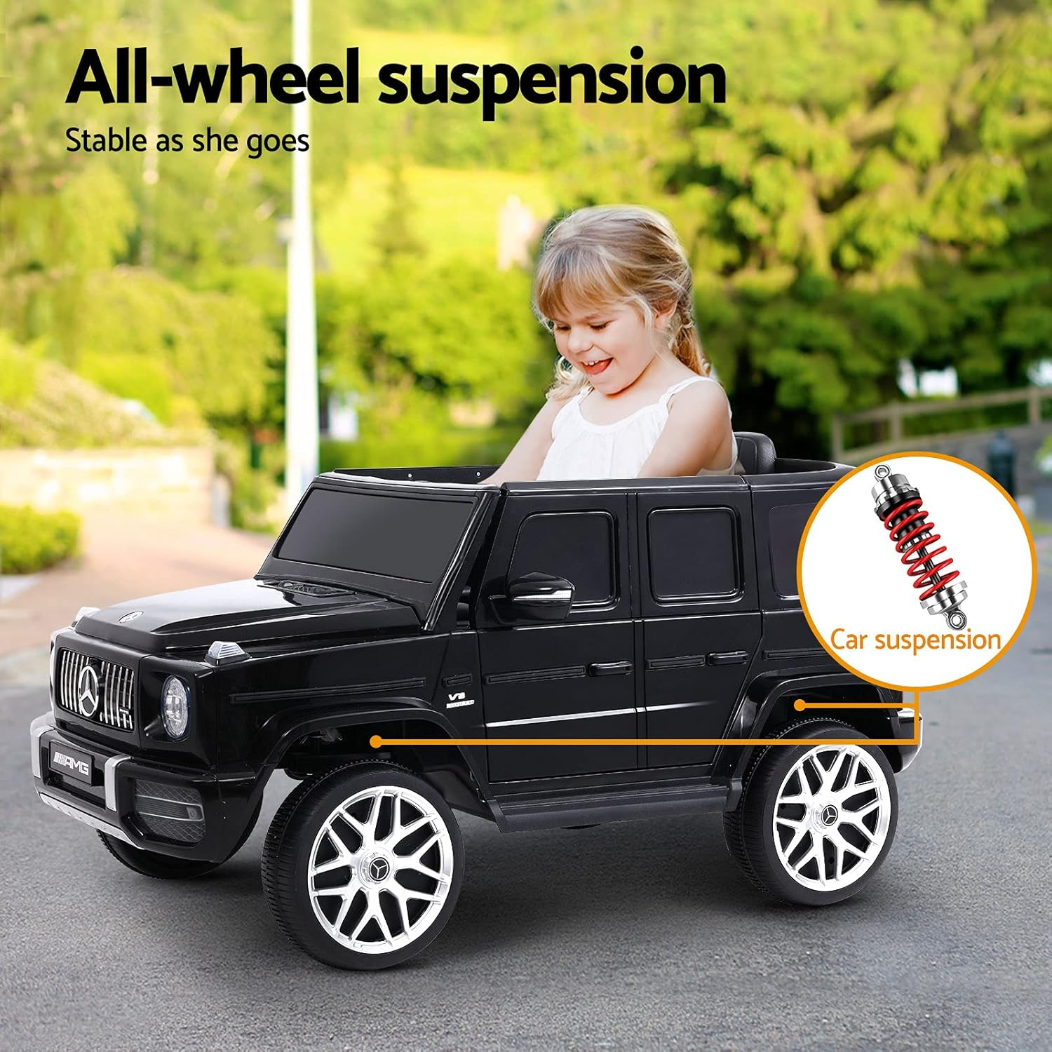 Rigo Kids Ride on Car SUV, AMG G63 Licensed Remote Control 12V Battery Horn Headlight Built-In Music 30Kg Capacity Safety Seat Belt Electric Cars for Toddlers Baby Walkers Little Tikes Kid Toy Black