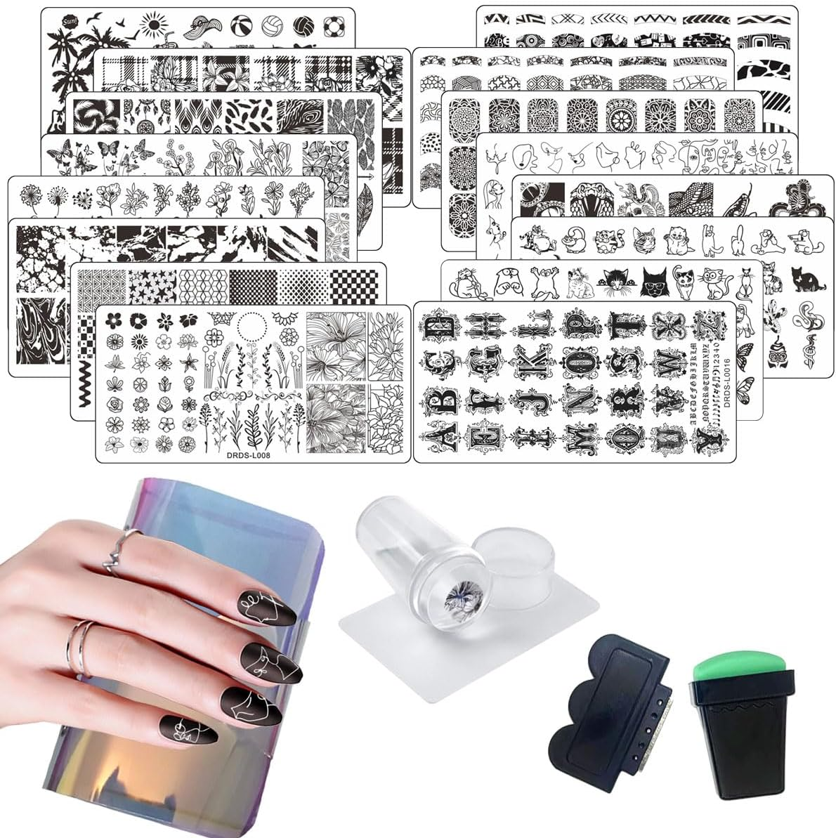 VNC 21 Pcs Nail Stamp Plates Set 16 Plate 2Stamper and 2 Scraper 1Storage Bag Nails Art Stamping Plate Scraper Stamper Set Leaves Flowers Animal Nail Plate Template Image Plate Set image number 5
