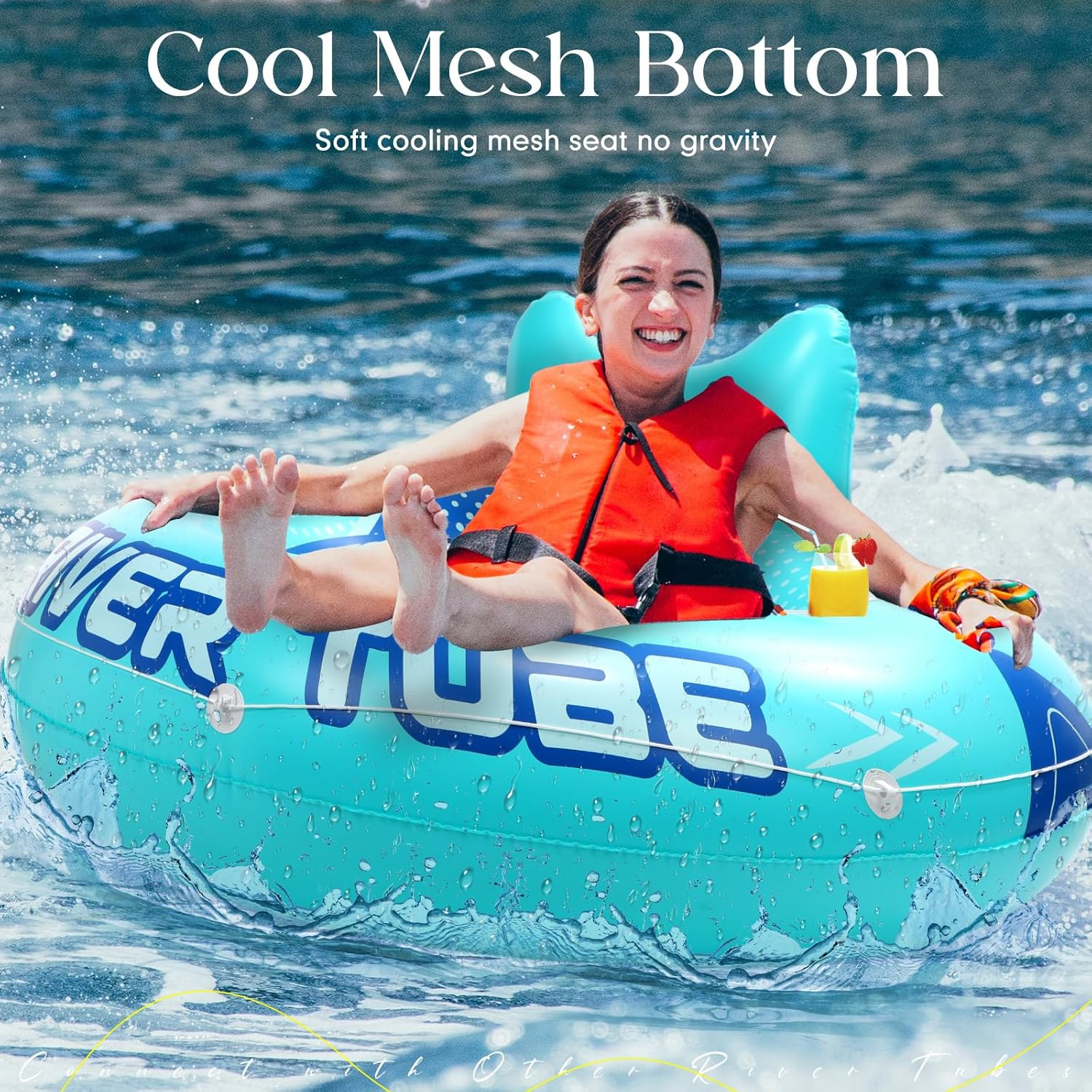 53" Heavy Duty River Tube Float Inflatable Pool Floating Tube for Adult Large River Raft Water Chair Lounger with Mesh Bottom Backrest 2 Cup Holders and Handles,Holds 300Lb